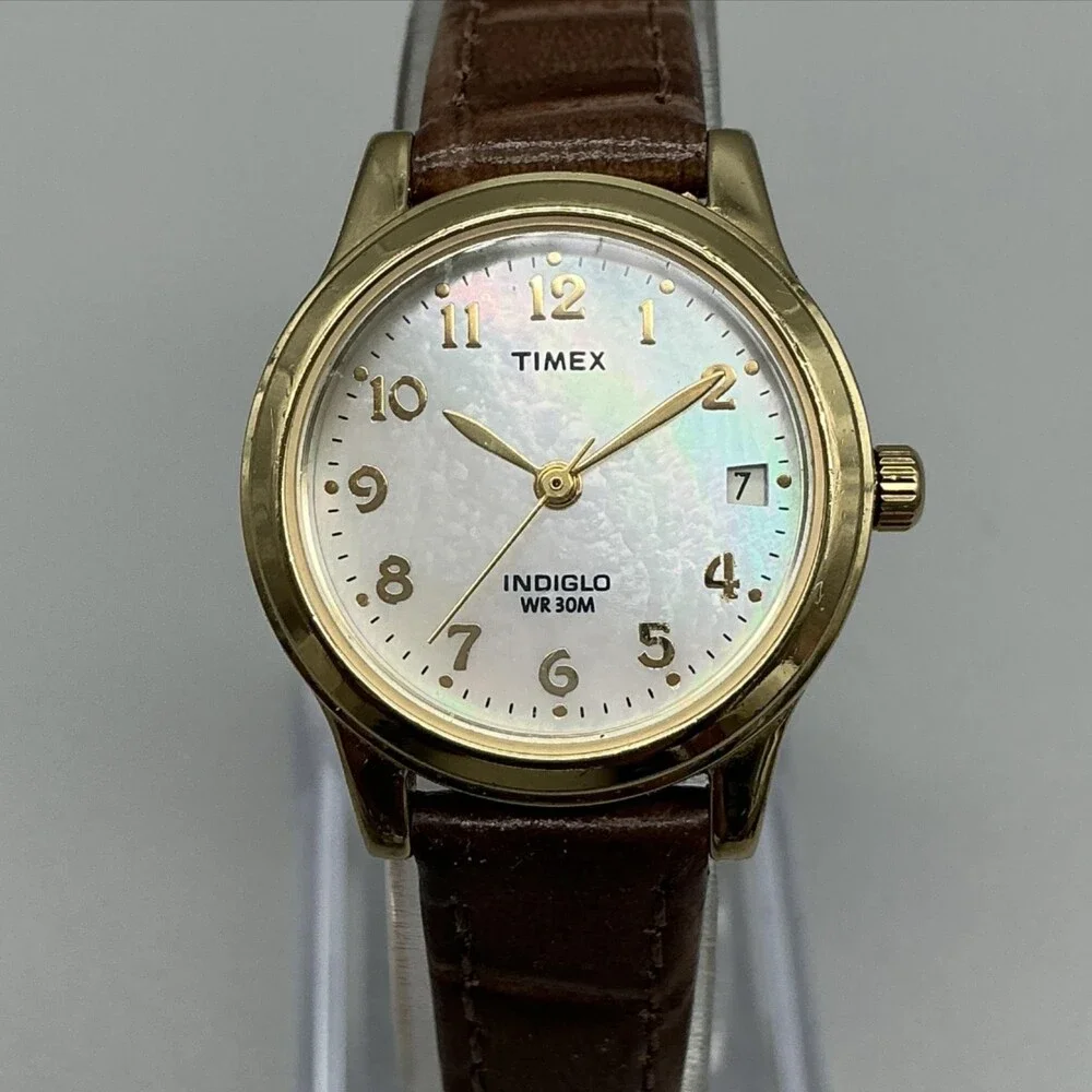 Timex Indiglo WR 30M Womens Watch 25mm White Dial Brown Leather New Battery